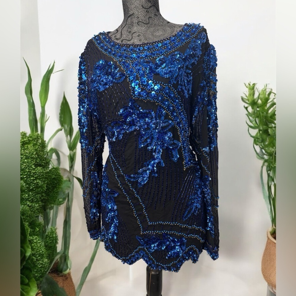 SWEE LO New York 100% Silk & Sequins beaded VTG blouse size M - Picture 3 of 15